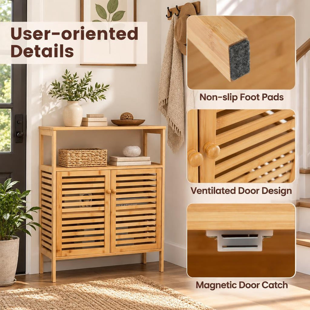 Airfind Bamboo Bathroom Floor Storage Cabinet with Shutter Doors, 145 lbs Capacity, Bamboo MDF Frame, Natural