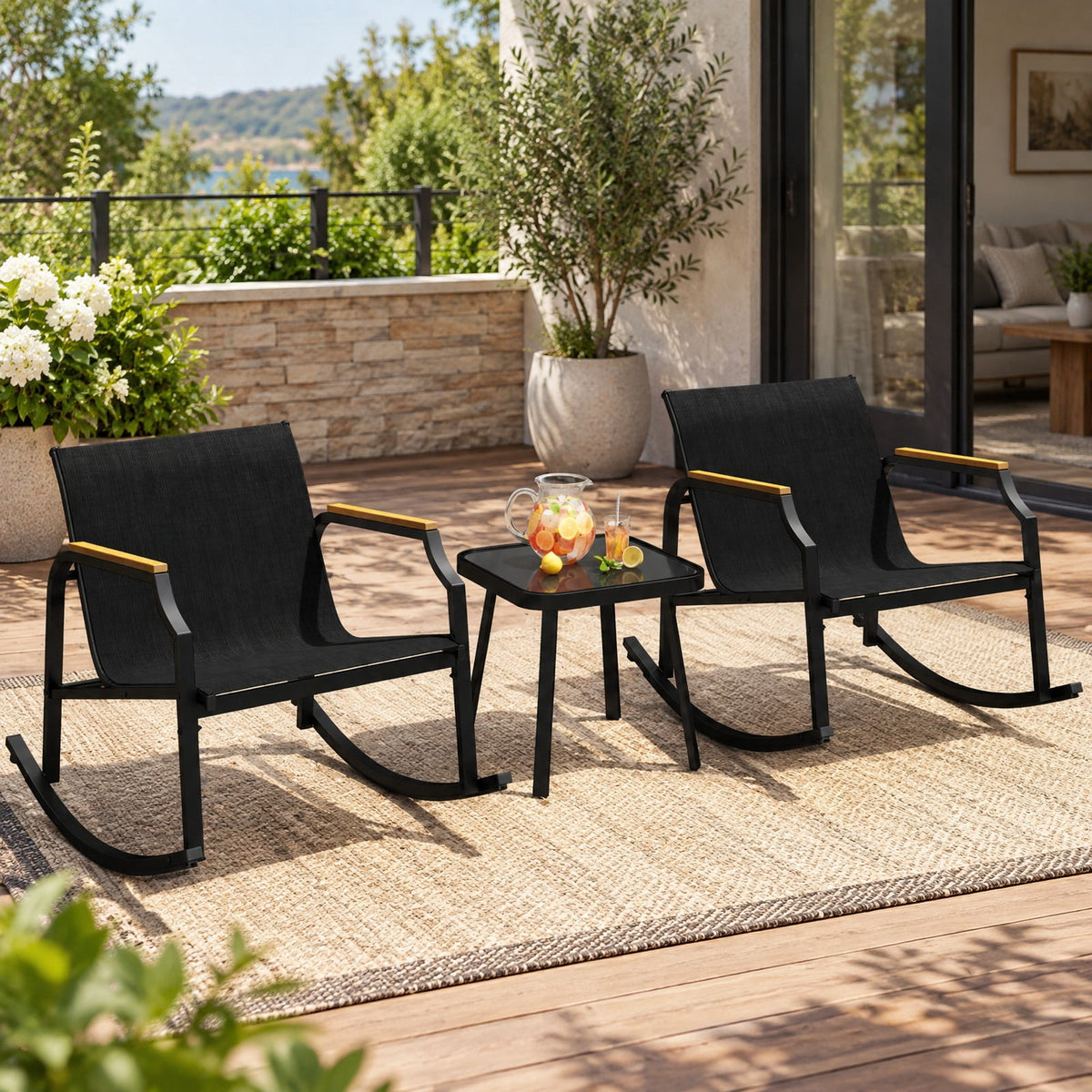 Airfind 3 Piece Patio Rocking Bistro Set with Tempered Glass Coffee Table and Armrests for Porch, Rocking Chair 330 lbs Capacity, Black