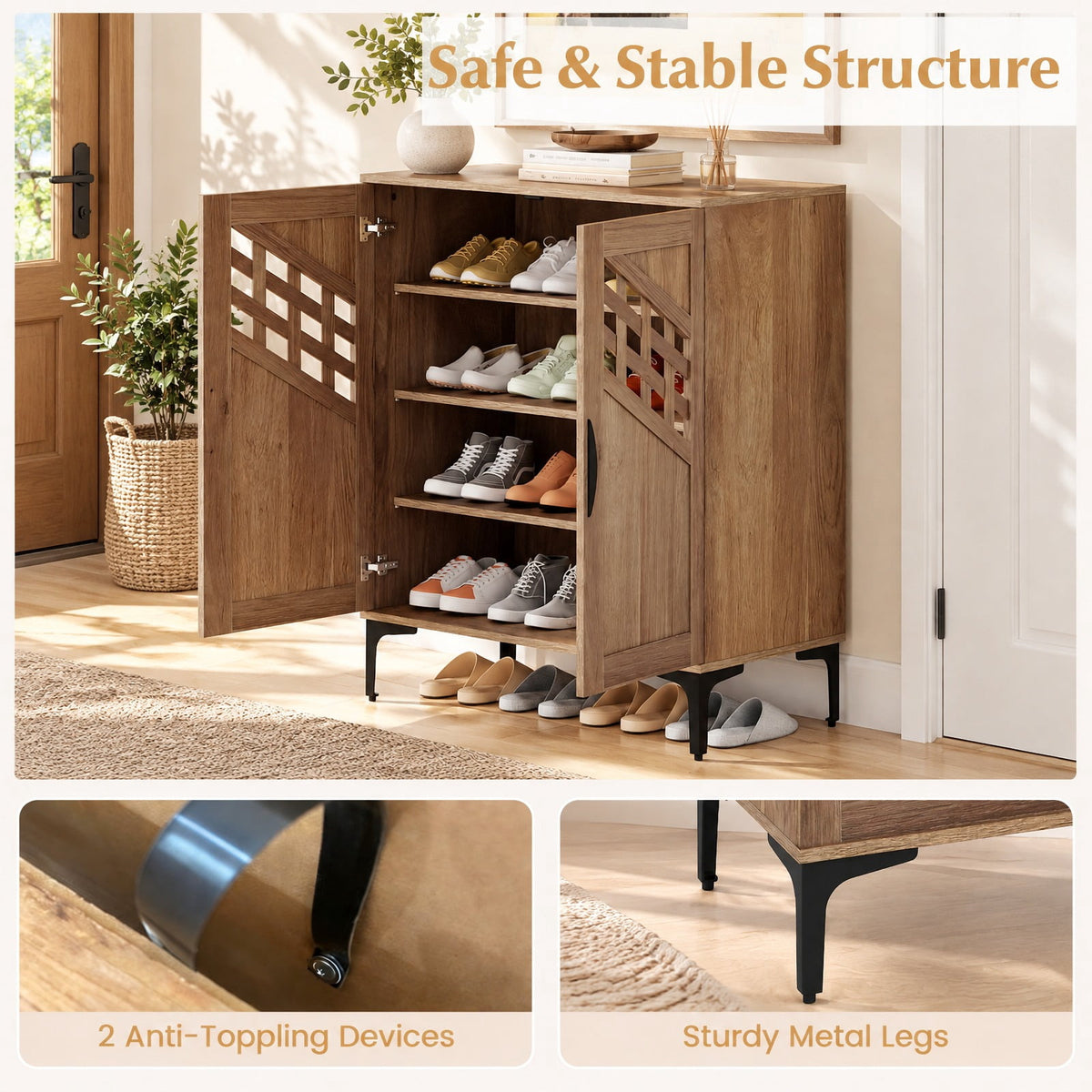 Airfind 4 Tier Farmhouse Shoe Storage Cabinet with Removable Shelves and Metal Legs, 180 lbs Capacity, Engineered Wood MDF Metal Frame, Walnut