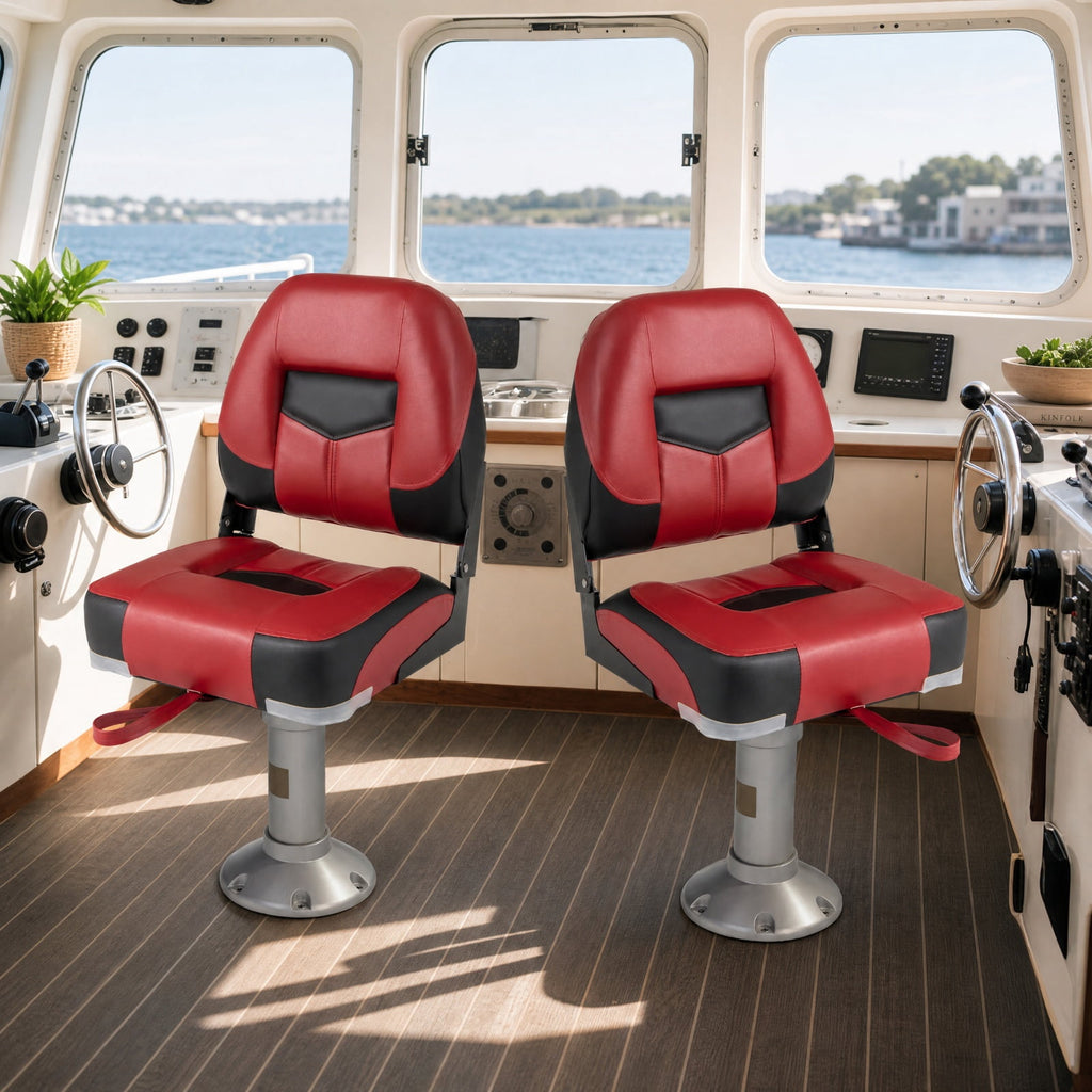 Airfind Set of 2 Folding Low Back Fishing Boat Seats with Stainless Steel Screws and Ergonomic Backrest for Pontoons and Cabin Seating, Red