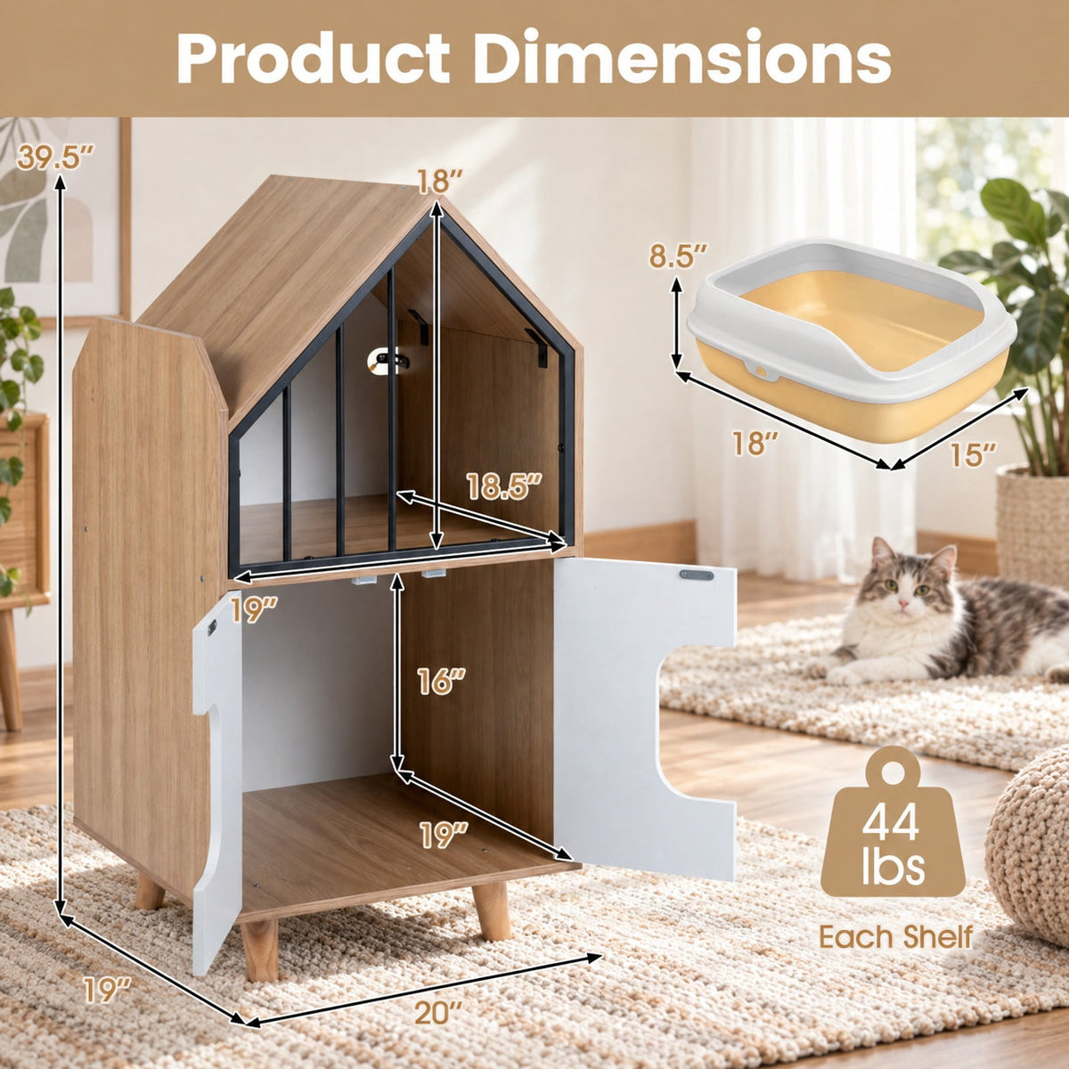 Airfind Cat Litter Box Enclosure, with Shelf and 2 Doors Wooden House, 44 lbs Capacity, Engineered Wood Rubber Wood Metal Frame, Natural