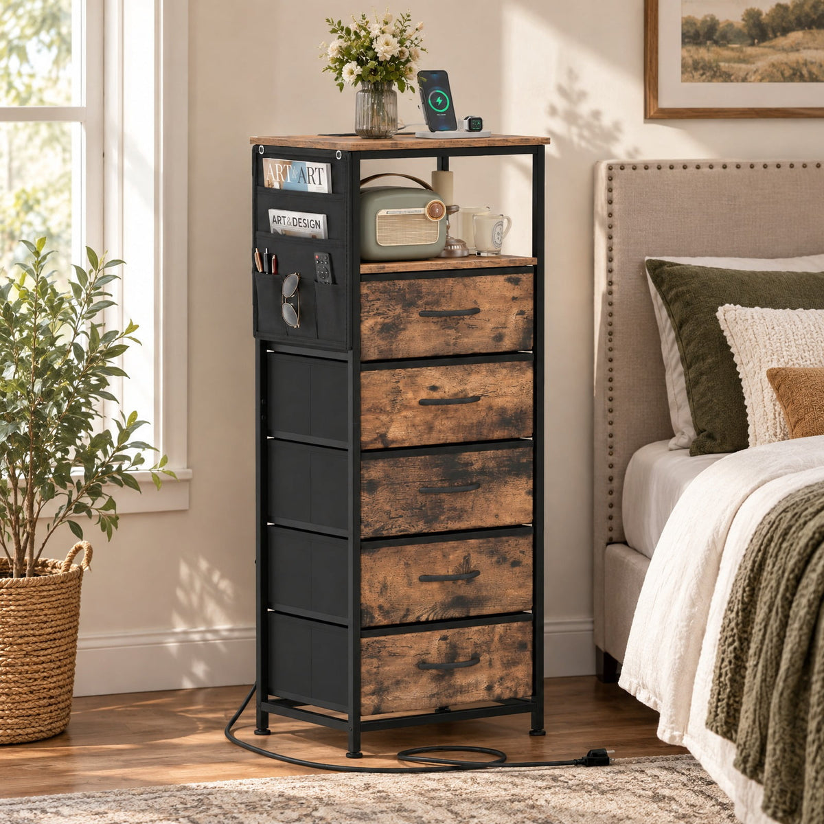 Airfind Nightstand with Integrated Charging Station 39 Inches Modern Bedside Table, 56 kg/123.5 ls Capacity, Metal MDF Non-Woven Fabric Frame, Brown