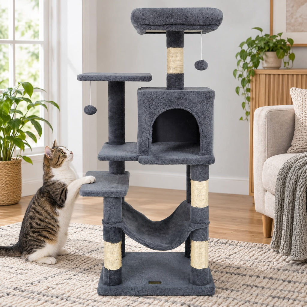 Airfind Multi-Level Cat Tower with 2-Door Condo and Padded Top Perch, PP Cotton Fabric Sisal Engineered Wood Overall Height 44 Base Frame, Gray