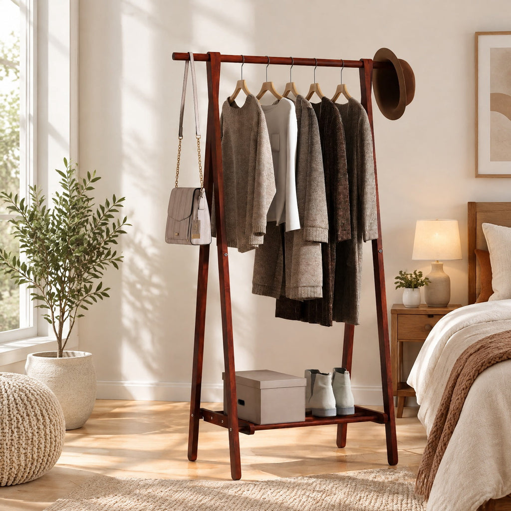 Airfind Folding Rubber Wood Clothes Hanging Rack Standing Garment Rack with Bottom Storage Shelf, 33 lbs Capacity, Rubber Wood Unfolding Frame