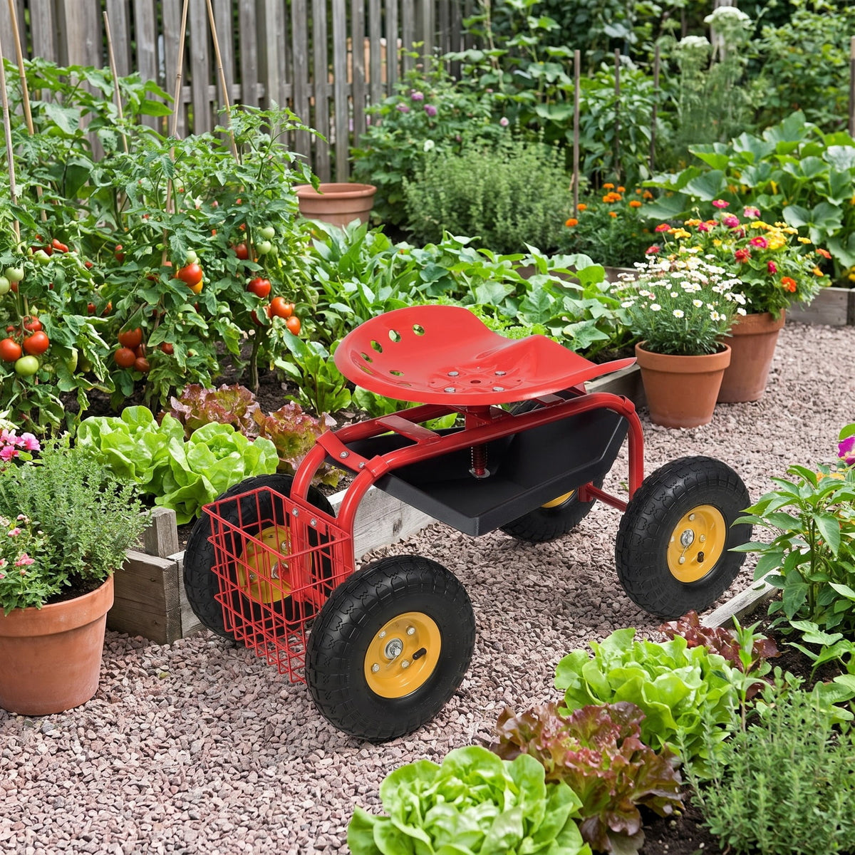 Airfind Red/Green Garden Cart Rolling Work Seat With Heavy Duty Tool Tray Gardening Planting, 33 x 16 x 22 Footprint, Red