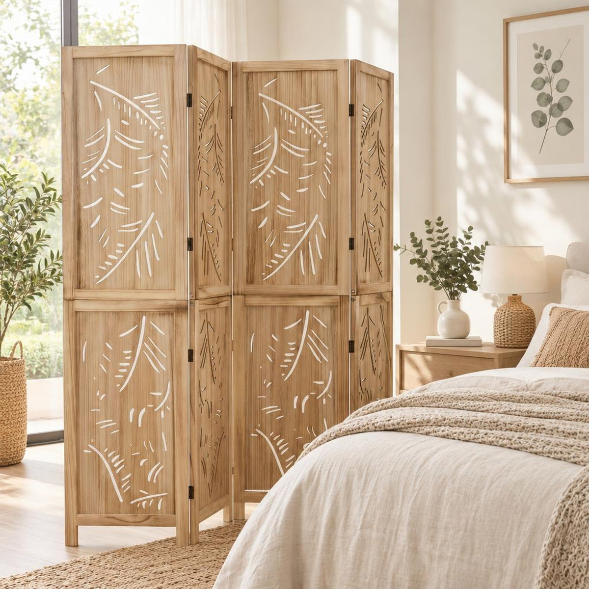 Airfind 4-Panel Wooden Room Divider with Palm Leaf Design and Paulownia Frame for Home, 67in x 16in x 3.5in Footprint, Natural