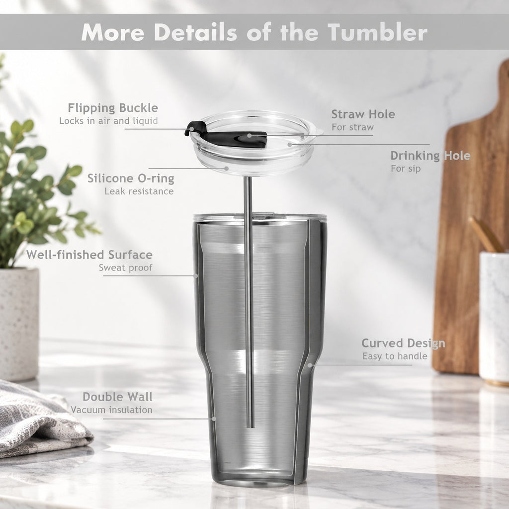 Airfind 30oz Stainless Steel Tumbler Cup Double Wall Vacuum Insulated Mug featuring Lid, 304 Stainless Steel AS PP Silicone Frame, Silver