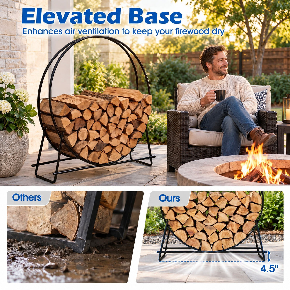 Airfind 45 Round Firewood Rack with Heavy, 485 lbs Capacity, Metal Frame, 46 x 14.5 x 48.5 Footprint, Black
