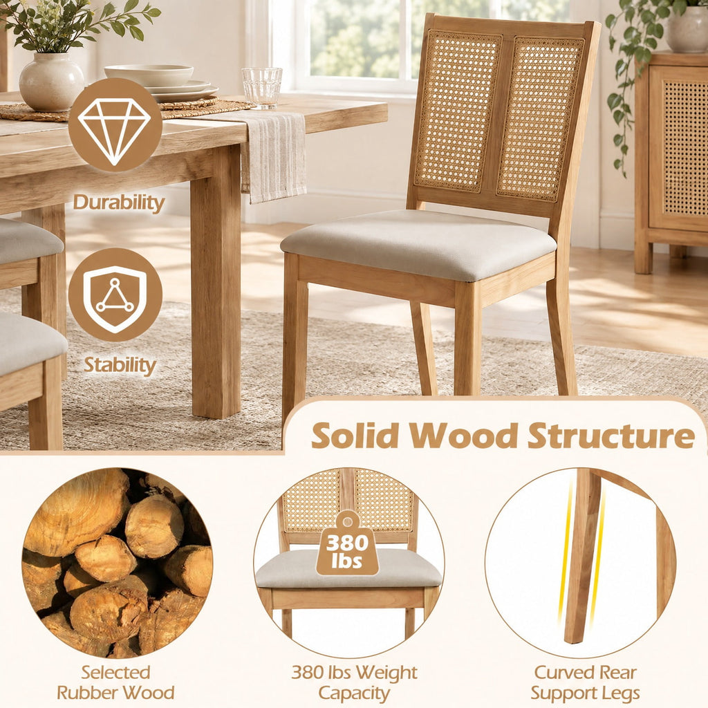 Airfind Rattan Dining Chairs Set of 2 with Curved Backrest and Padded Seat for Dining Room, 380 lbs Capacity, Rubber Wood Frame, Natural
