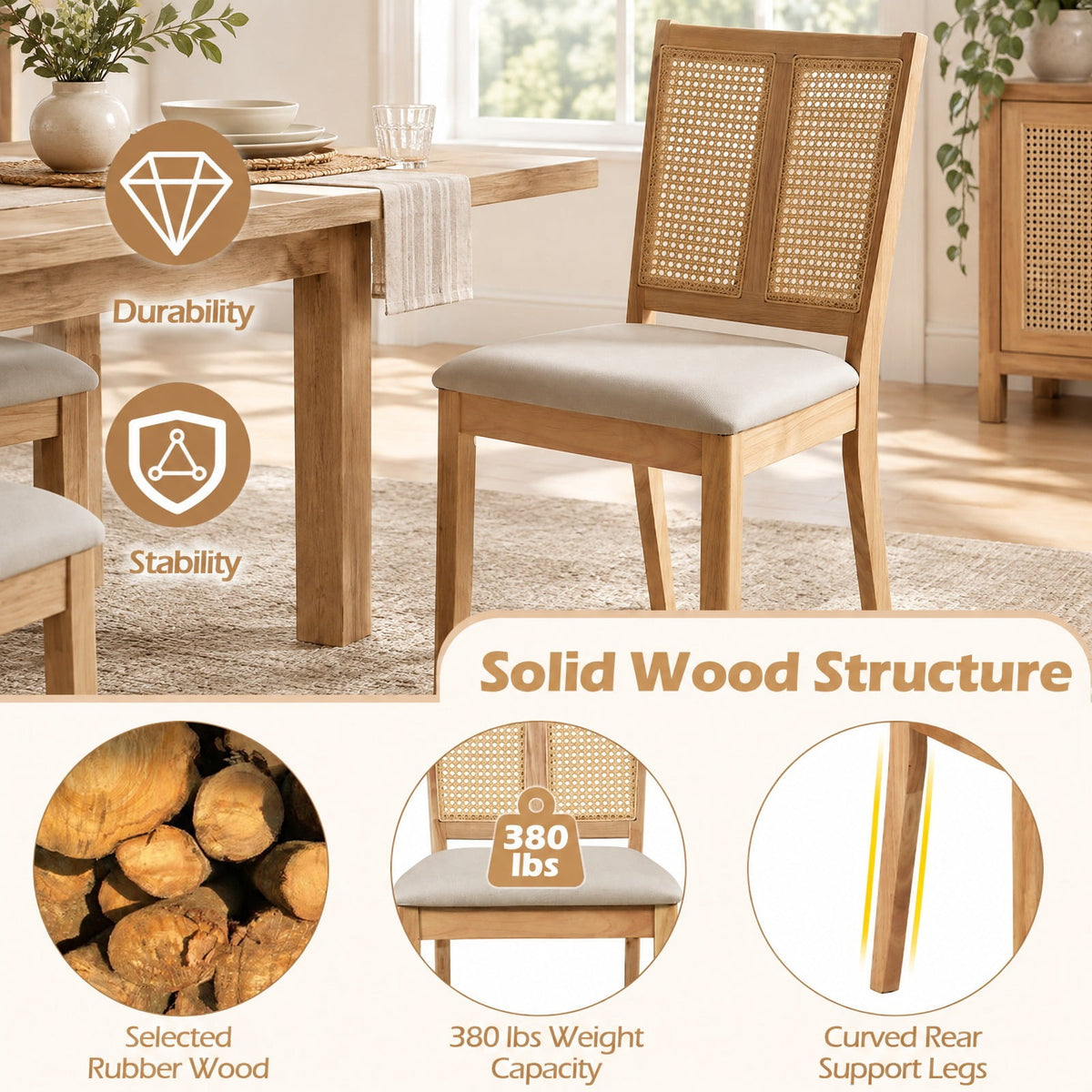 Airfind Rattan Dining Chairs Set of 2 with Curved Backrest and Padded Seat for Dining Room, 380 lbs Capacity, Rubber Wood Frame, Natural
