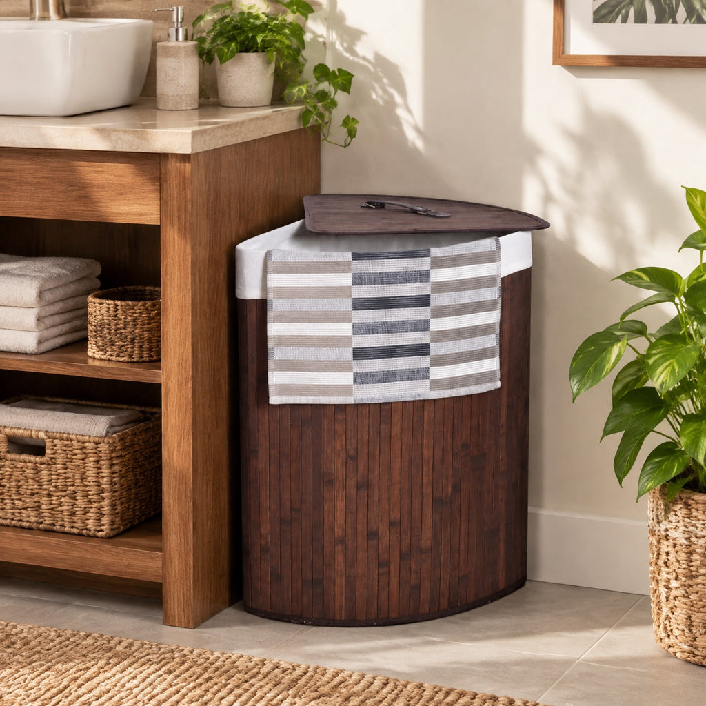 Airfind Corner Bamboo Hamper Laundry Basket, Bamboo and polyester cotton Frame, Brown, Easy to carry with a handle on each side