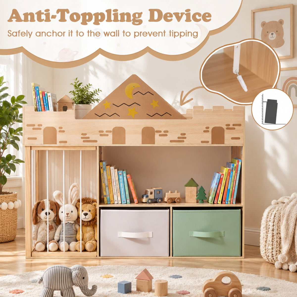 Airfind Toy Storage Organizer with Stuffed Animal Storage and Open Shelves, 35 lbs Capacity, Engineered Wood Pine Wood Cotton PP Frame, Natural
