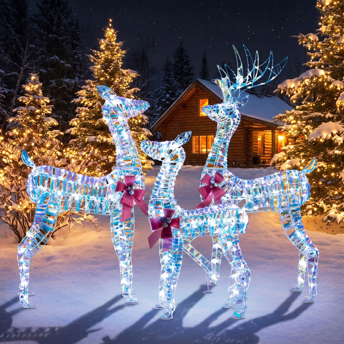 Airfind Christmas Reindeer Family Set of 3 Featuring 230 Cold White LED Lights, Metal Frames and Ground Stakes for Lawn and Garden, White