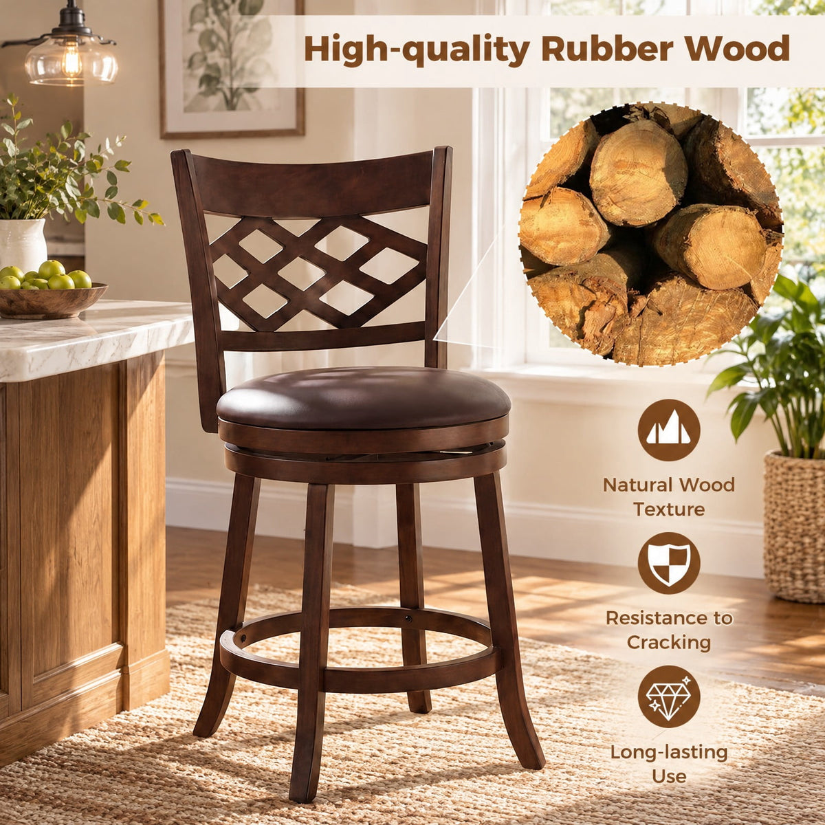 Airfind 26 Inch Counter Height Bar Stools Set of 2 with Rubber Wood Frame-26 Inch, 330 lbs Capacity, Rubber Wood PVC Leather Sponge Frame, Wood