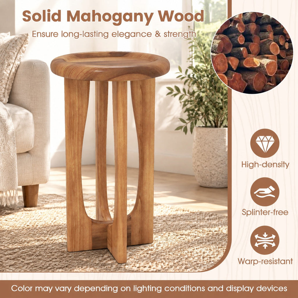 Airfind 14 Inch Farmhouse End Table with Round Tray Top and Wood Cross Legs, 110 lbs Capacity, Mahogany Wood Frame, 14 x 14 x 23.5 Footprint