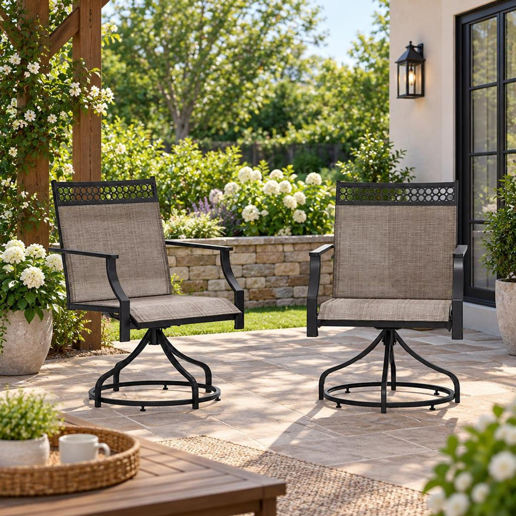 Airfind Patio Swivel Dining Chairs Set of 2 with Heavy-duty Metal Frame and Armrests, Chair 400 lbs Capacity, Fabric Metal PP Frame, Brown
