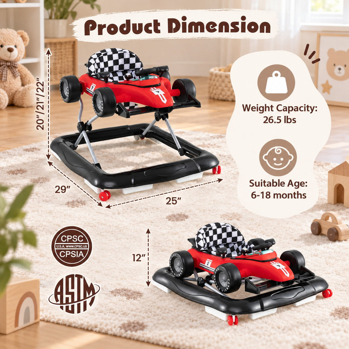 Airfind 4-in-1 Youth Push Walker Activity Center Height Adjustable featuring Music Box, 26.5 lbs Capacity, PP Metal Frame, for 6-18 Months, Red
