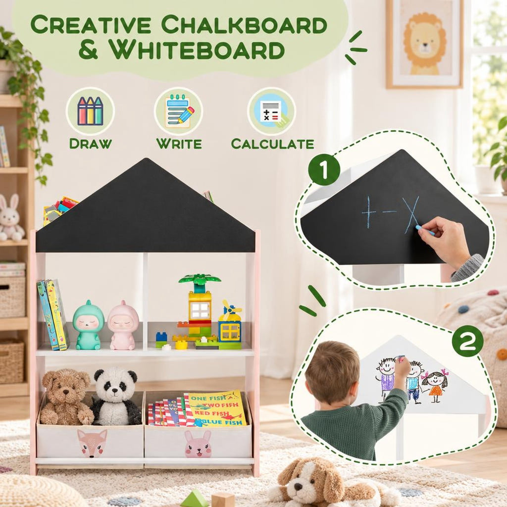 Airfind Playhouse Kids Bookshelf with Chalkboard and Whiteboard for 3-6 Years, MDF Metal Fabric Frame, Pink