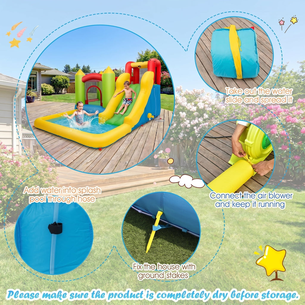 Airfind Outdoor Inflatable Bounce House with 480W Blower, Long Water Slide, Climbing Wall and Splash Pool, 138in x 110in x 75in Wet Dry Combo for Kids 3-10