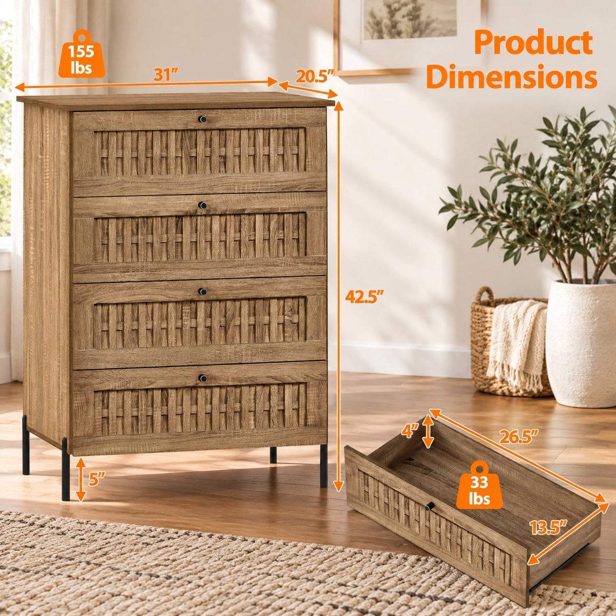 Airfind 4-Drawer Dresser with Interlocking Mechanism and Metal Legs for Bedroom, 155 lbs Capacity, Engineered Wood Metal Frame, Caramel Oak + Black