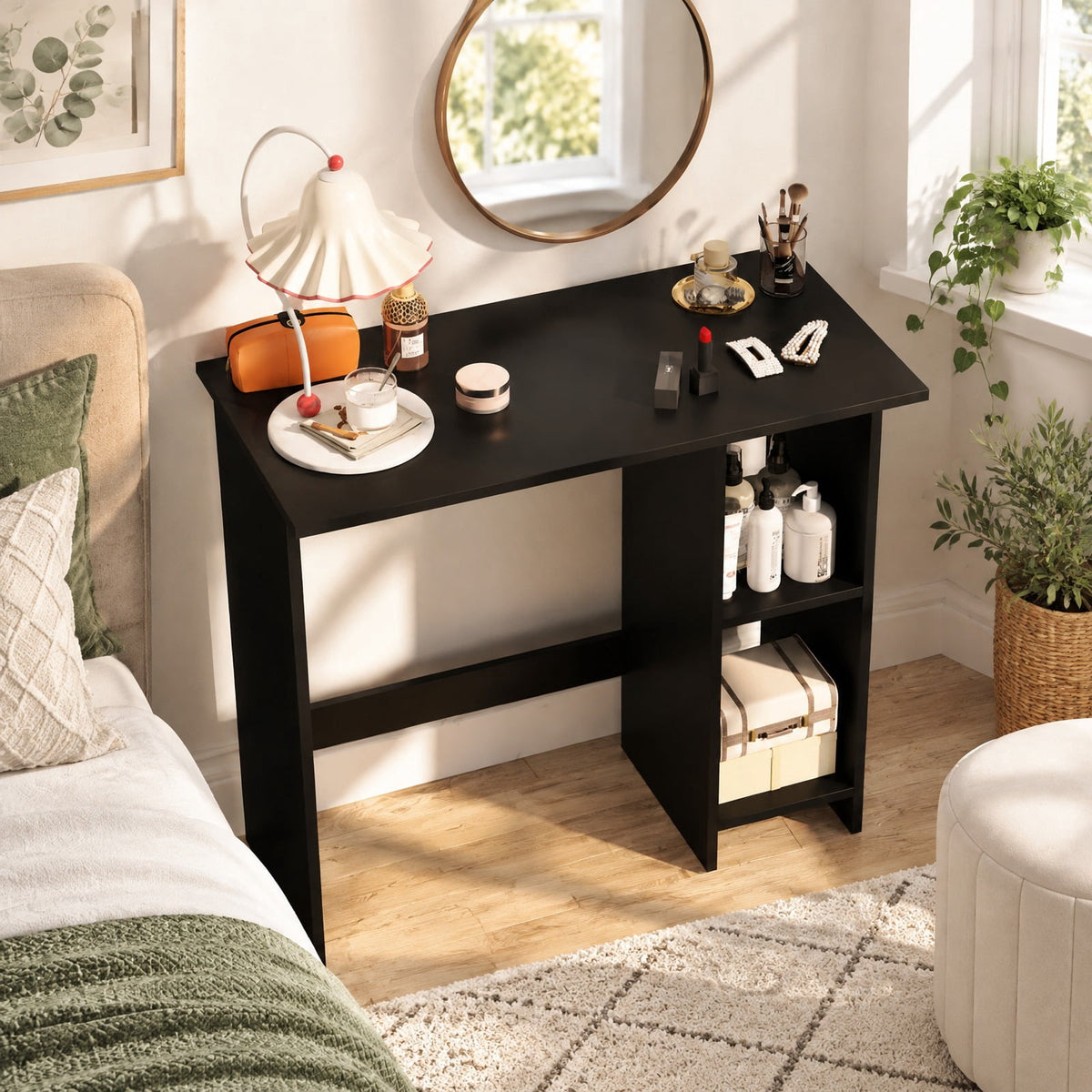 Airfind Small Computer Desk with Storage and Adjustable Shelf, Black, Reinforced crossbar ensures reliable structure