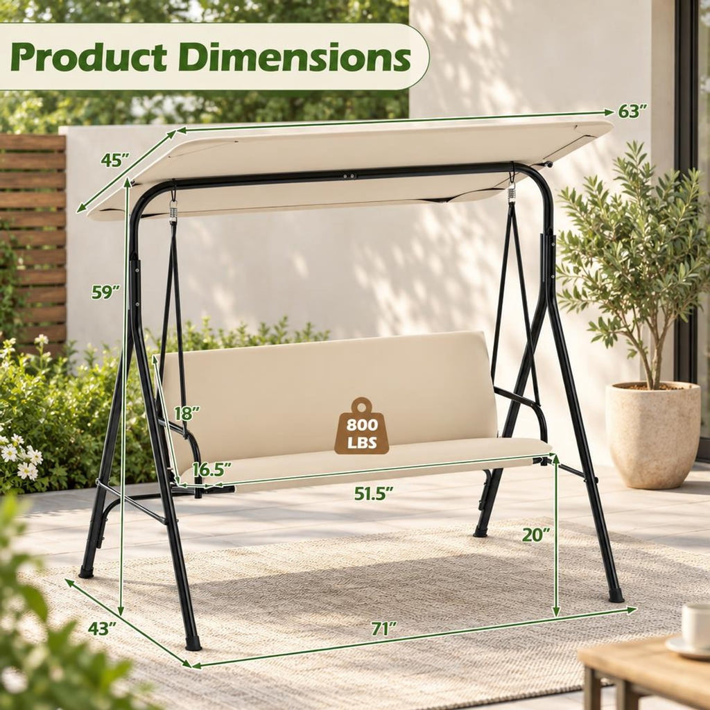 Airfind 3-Seat Patio Swing Chair with Adjustable Canopy and Removable Cushion, 800 lbs Capacity, Metal Polyester Fabric Sponge Mesh Fabric Frame