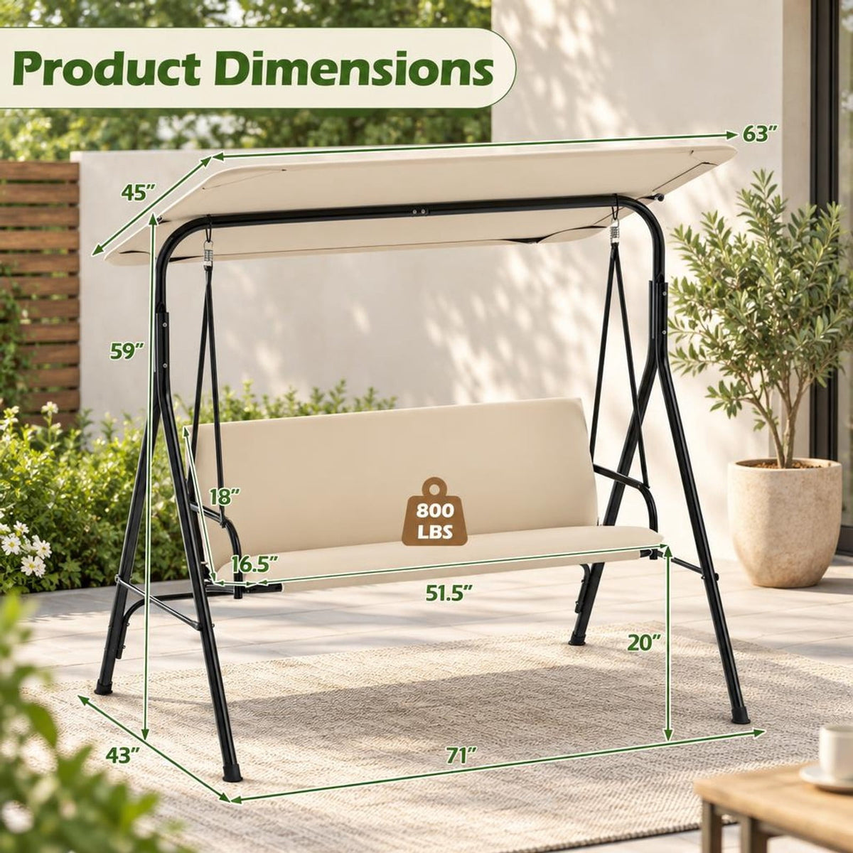 Airfind 3-Seat Patio Swing Chair with Adjustable Canopy and Removable Cushion, 800 lbs Capacity, Metal Polyester Fabric Sponge Mesh Fabric Frame