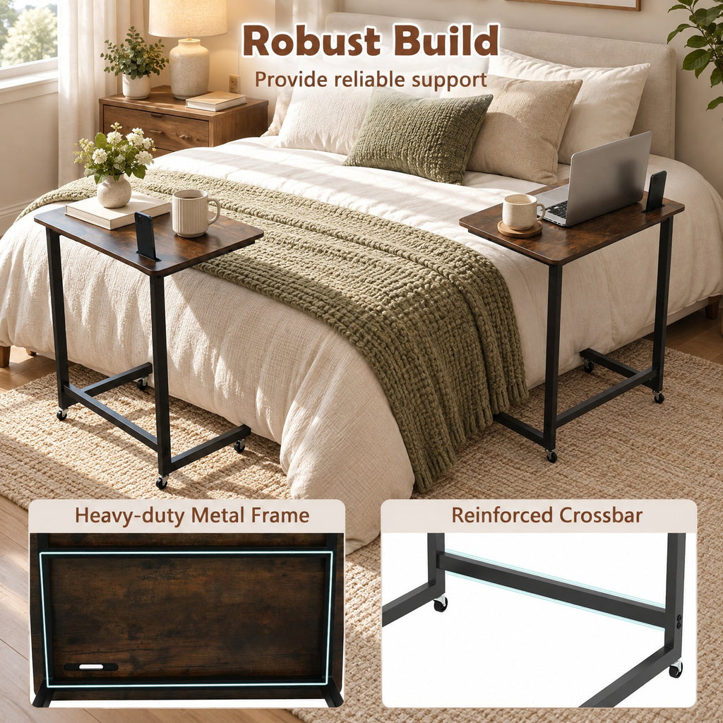 Airfind C-shaped End Table with Wheels Mobile Bedside Table with Built-in Phone Slot, 80 lbs Capacity, Engineered Wood Metal Frame, Brown