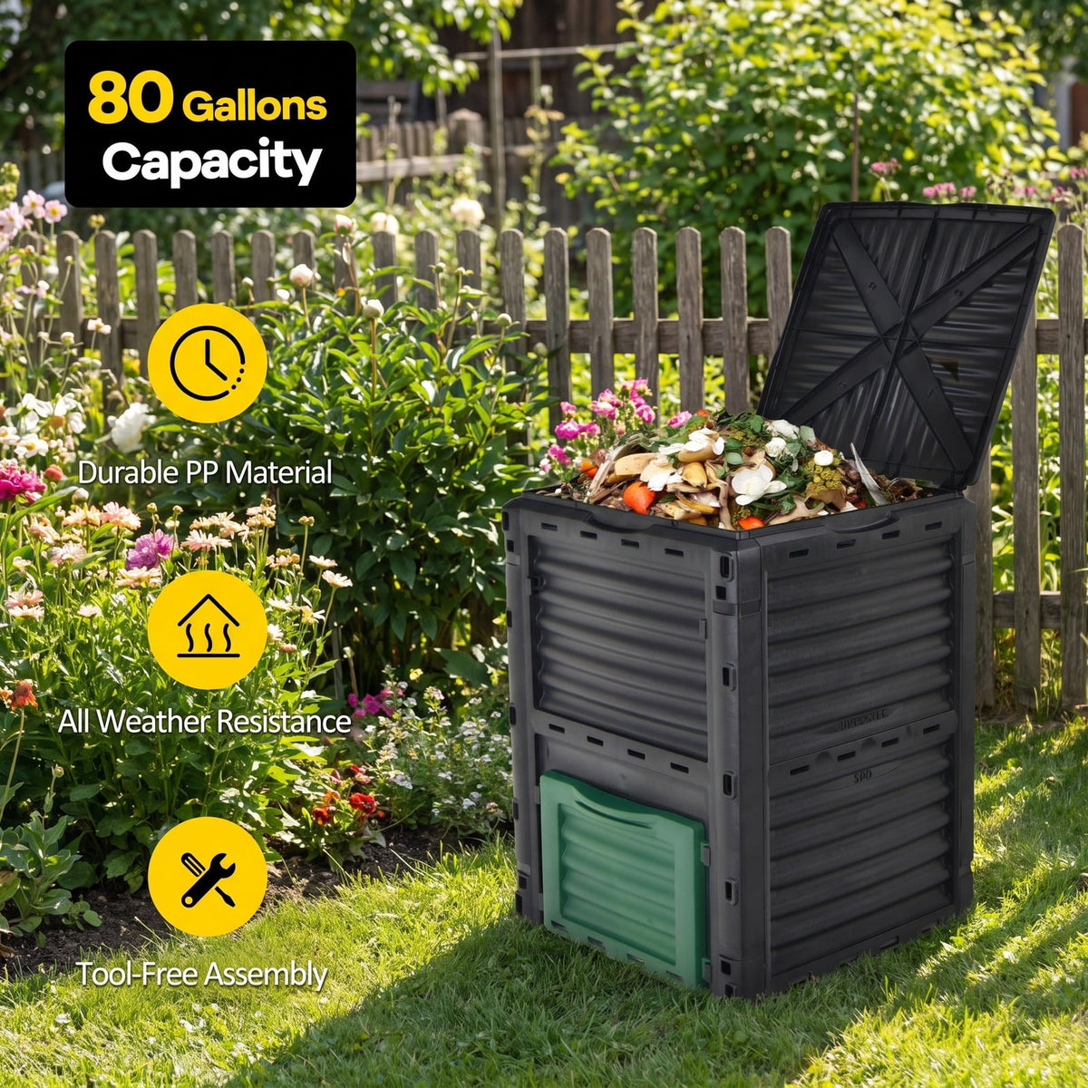 Airfind 80-Gallon Outdoor Composter with Large Openable Lid and Bottom Exit Door, PP Frame, 23.5 x 23 x 32 (L x W x H) Inner Footprint, Green