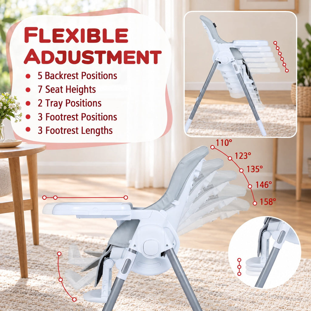 Airfind Foldable Baby High Chair with Adjustable Height and Relining Seat, 15 kg Capacity, Metal PP PU Frame, for 6-36 Months, Light Gray