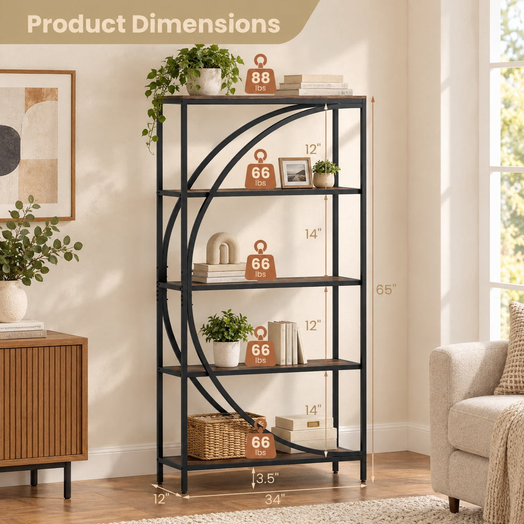 Airfind 5-Tier Bookshelf with Half-Moon Shape for Living Room and Home Office, 88 lbs Capacity, Engineered Wood Metal Frame, Brown