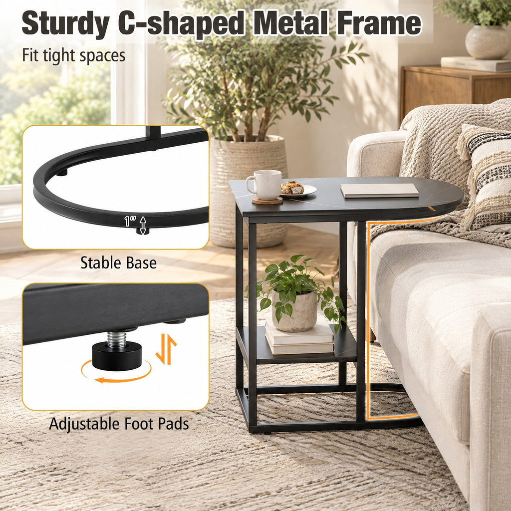 Airfind C-shaped Modern Sofa Side Table with Faux Marble Tabletop and Storage Shelf, 66 lbs Capacity, Engineered Wood Metal Frame, Black