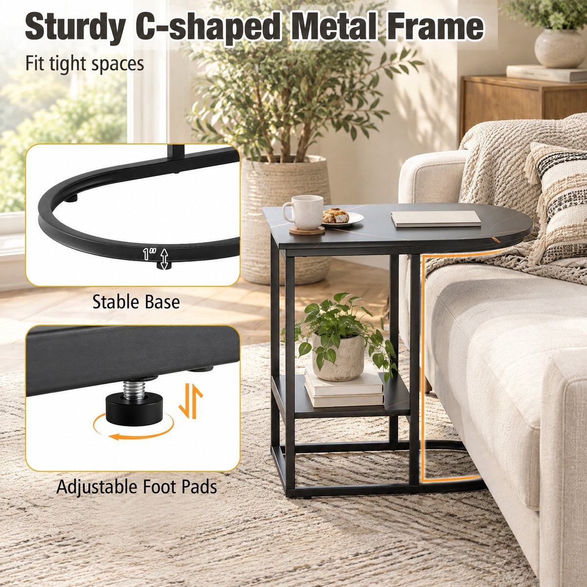 Airfind C-shaped Modern Sofa Side Table with Faux Marble Tabletop and Storage Shelf, 66 lbs Capacity, Engineered Wood Metal Frame, Black
