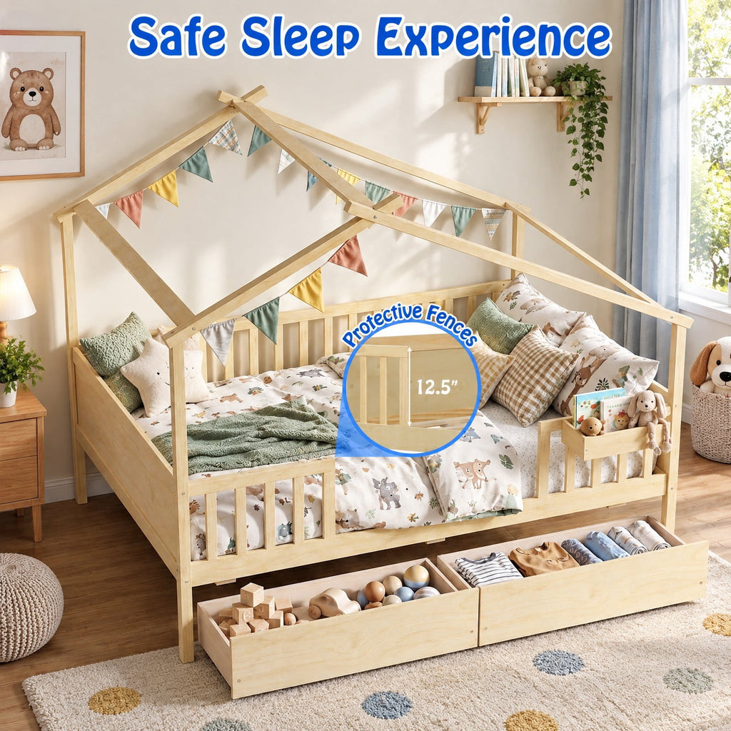 Airfind Full Size House Bed with Roof and Fence Rails for Kid, 550 lbs Capacity, Pine Wood Plywood MDF Engineered Wood Frame, Natural