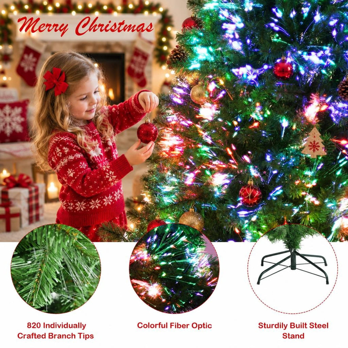 Airfind Pre-lit Multi-Colored Fiber Optic Spruce Artificial Christmas Tree-7 ft, PVC Metal Fiber Optic Height: 5/7 Ft Width: 2.5/3 Ft Frame
