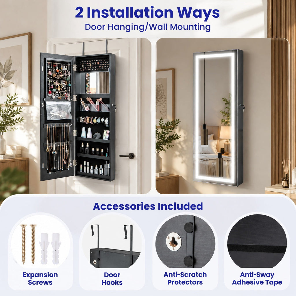 Airfind Mirrored Jewelry Armoire featuring Full Length Mirror and 2 Internal LED Lights, MDF Frame, 15.5 Inch x 5 Inch x 47 Inch (L x W x H) Hook Footprint, Black
