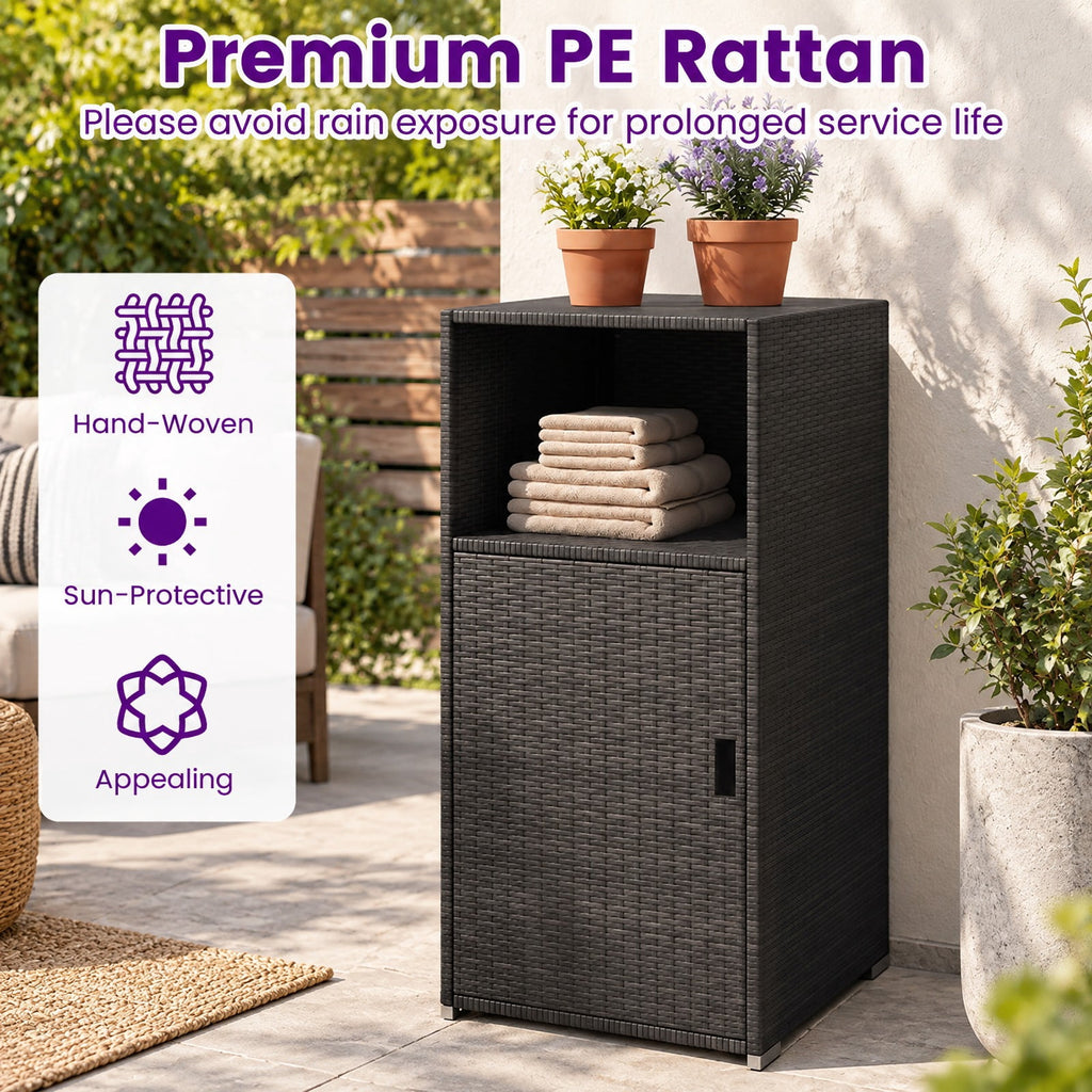 Airfind Outdoor PE Wicker Storage Cabinet with Door and Open Compartment for Patio, Shelf 66 lbs Capacity, PE Rattan Metal Frame, Black