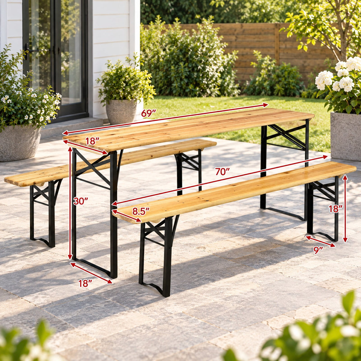 Airfind 3 Pieces Folding Wooden Picnic Table Bench Set, 660 lbs Capacity, Iron Fir Wood Frame, 70 x 18 x 29.5 Footprint