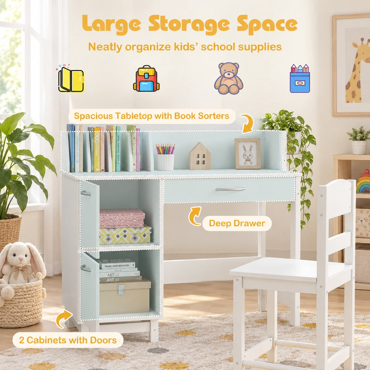 Airfind Wooden Kids Study Desk and Chair Set Student Workstation, 110 lbs Capacity, MDF Solid Wood Frame, for 3+, 35.5 x 18 x 32 Footprint, White
