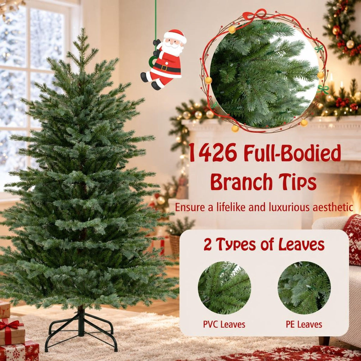 Airfind 5 Feet Artificial Christmas Tree with 1426 Lush PVC Branch Tips and 200 Warm White LED Lights, PVC PE Metal Frame, Green