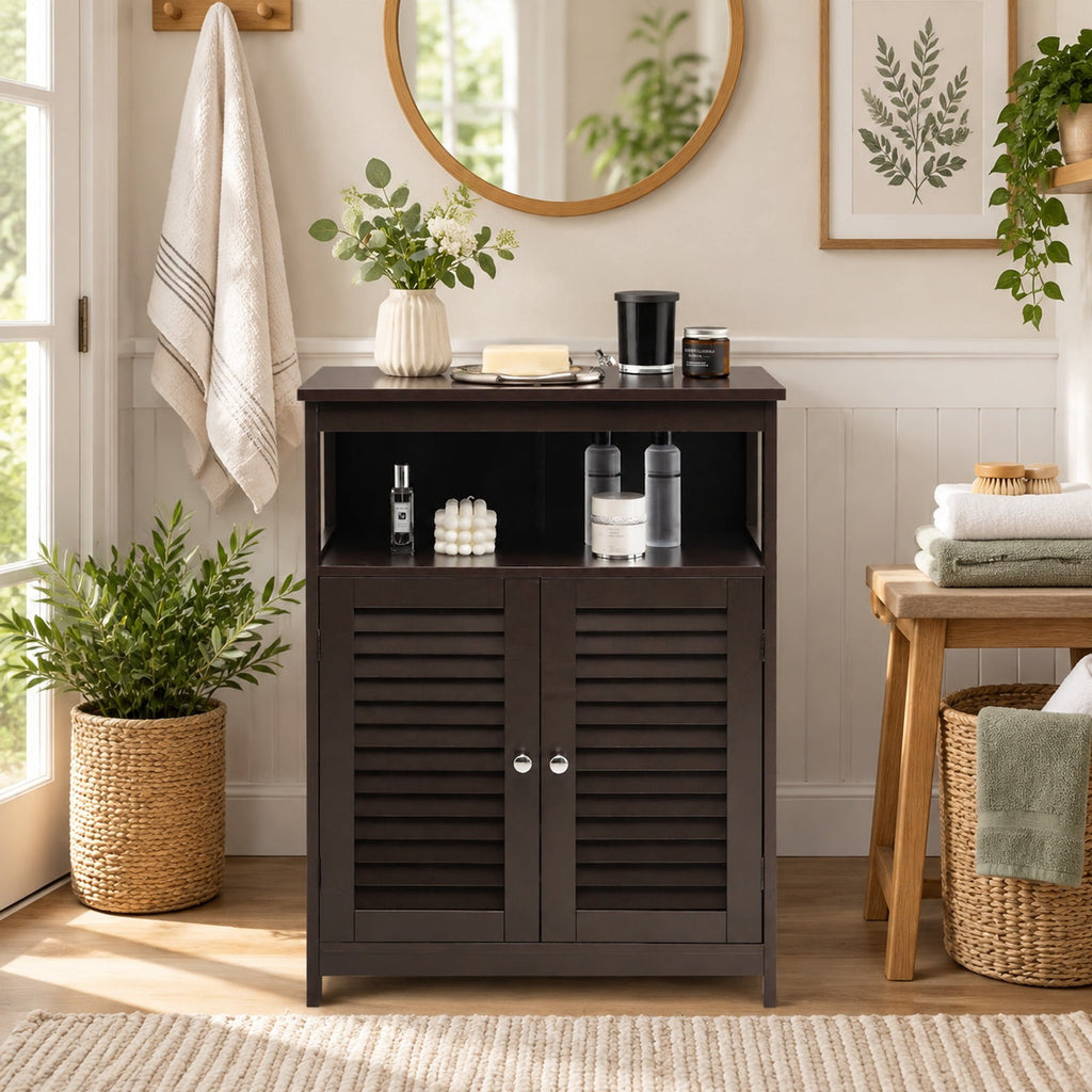 Airfind Wood Freestanding Bathroom Storage Cabinet with Double Shutter Door, 77 lbs Capacity, P2 MDF Frame, 23.5in x 12in x 31.5in Footprint, Brown
