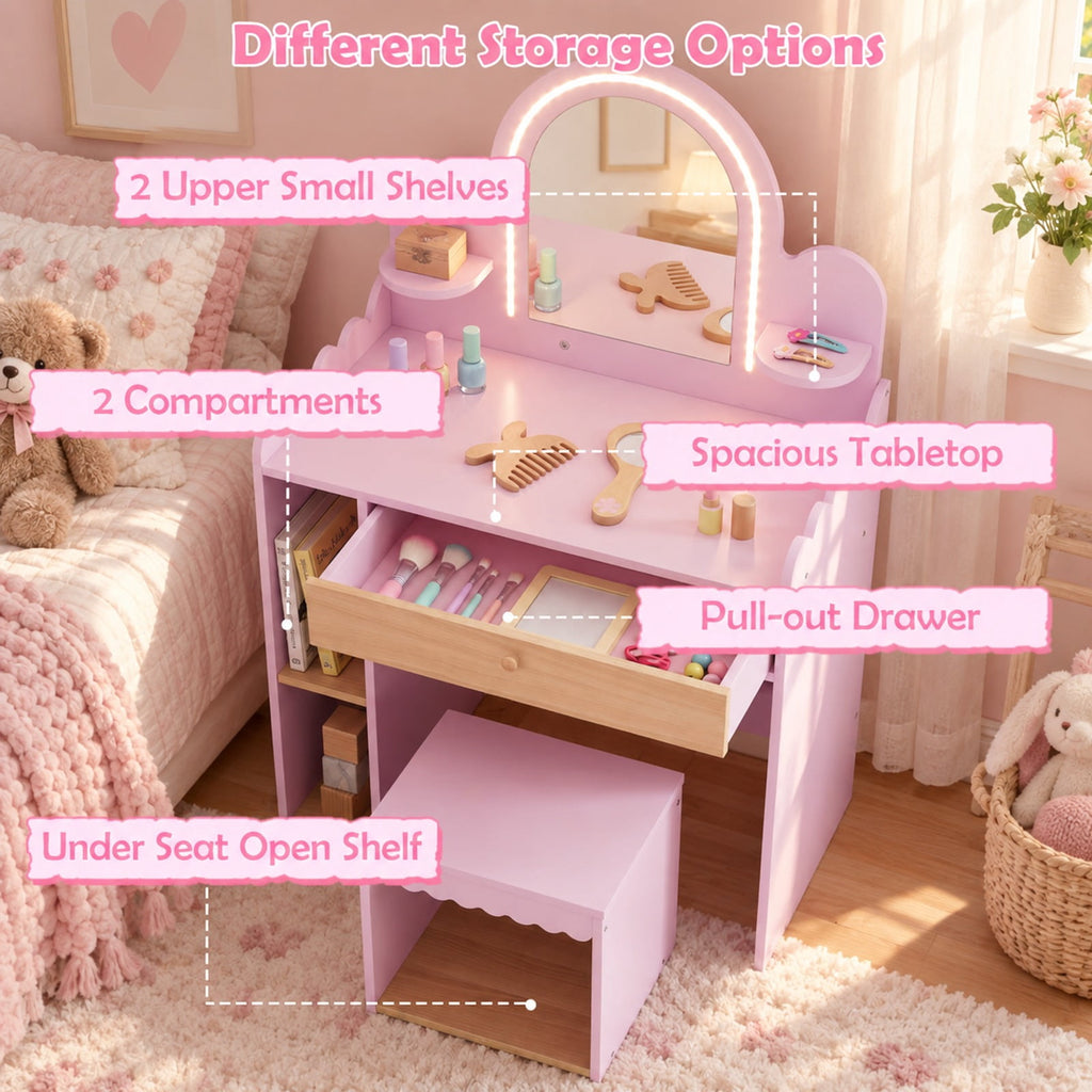Airfind Pretend Personal Dressing Table Set with 2 Small Shelves and Compartments, 90 Lbs Capacity, Engineered Wood, for 3 and Years Old, Pink