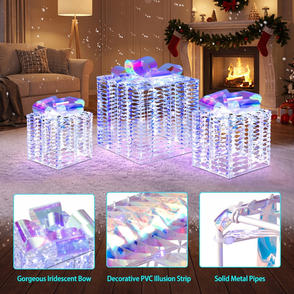 Airfind Iridescent Christmas Gift Box, Set of 3 Christmas Gift Box with Bows, PVC Metal Large, 13 Inch x 13 Inch x 13 Inch (L x W x H) Medium, Iridescent