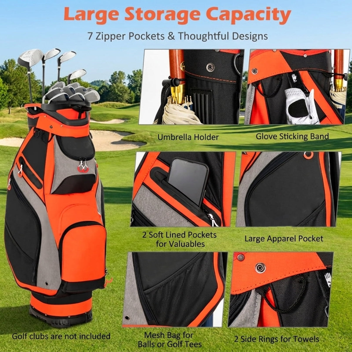 Airfind Golf Cart Bag with 9-Way Top and Insulated Cooler Pocket featuring matching headcovers with a velour-lined valuables pocket for cart-mounted rounds, Red