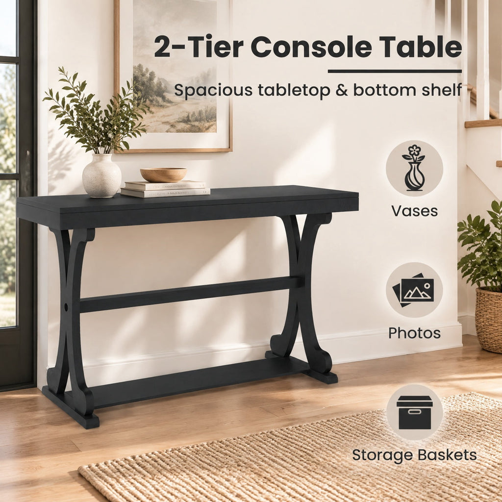 AIRFIND Console Table with Open Storage Shelf, 52 in Vintage Entryway Table with Curved Solid Wood Legs and Adjustable Feet, Black