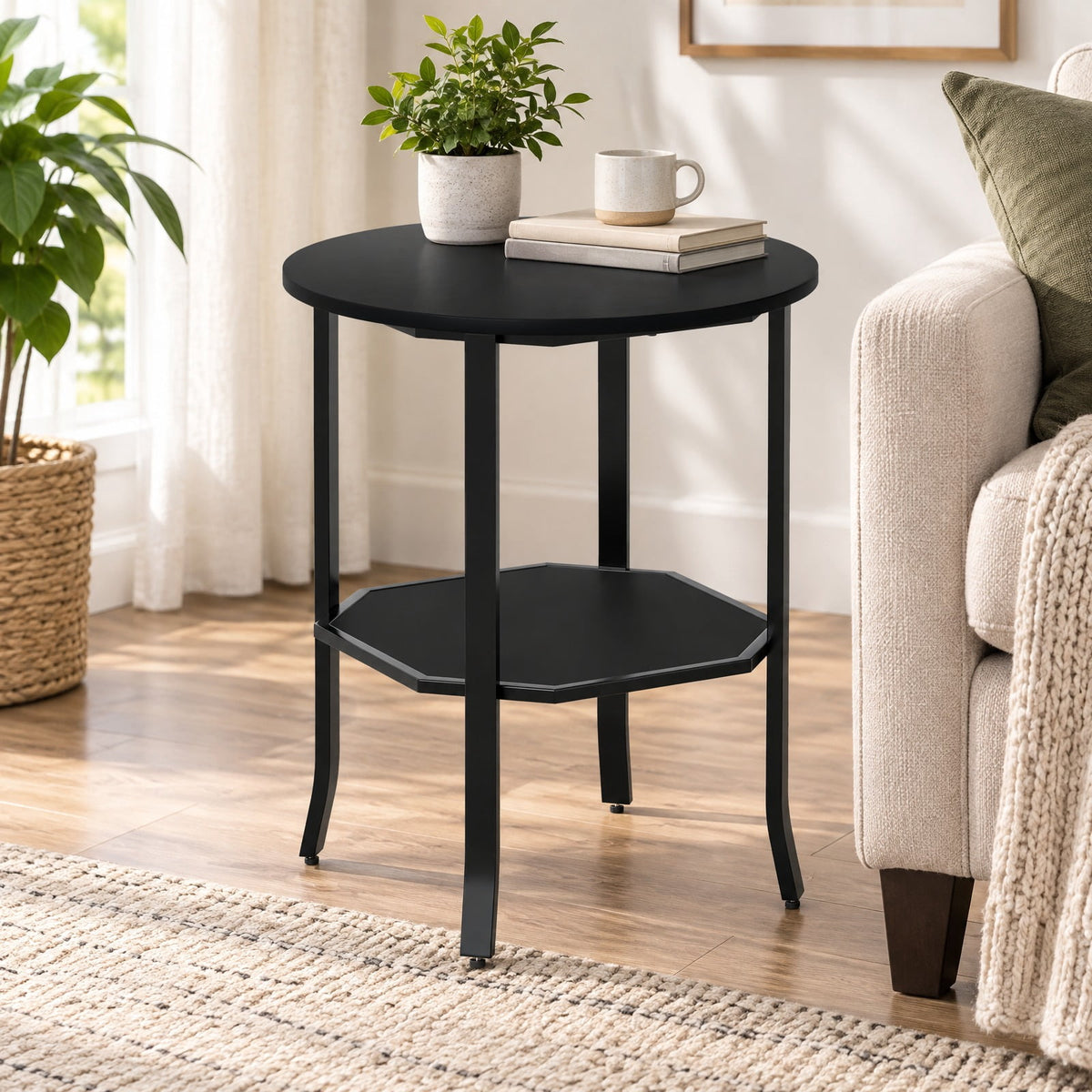 Airfind Round Side Table Small End Table with Storage Shelf 2-Tier Nightstand for Small Space, 90 lbs Capacity, Engineered Wood Carbon Steel Frame