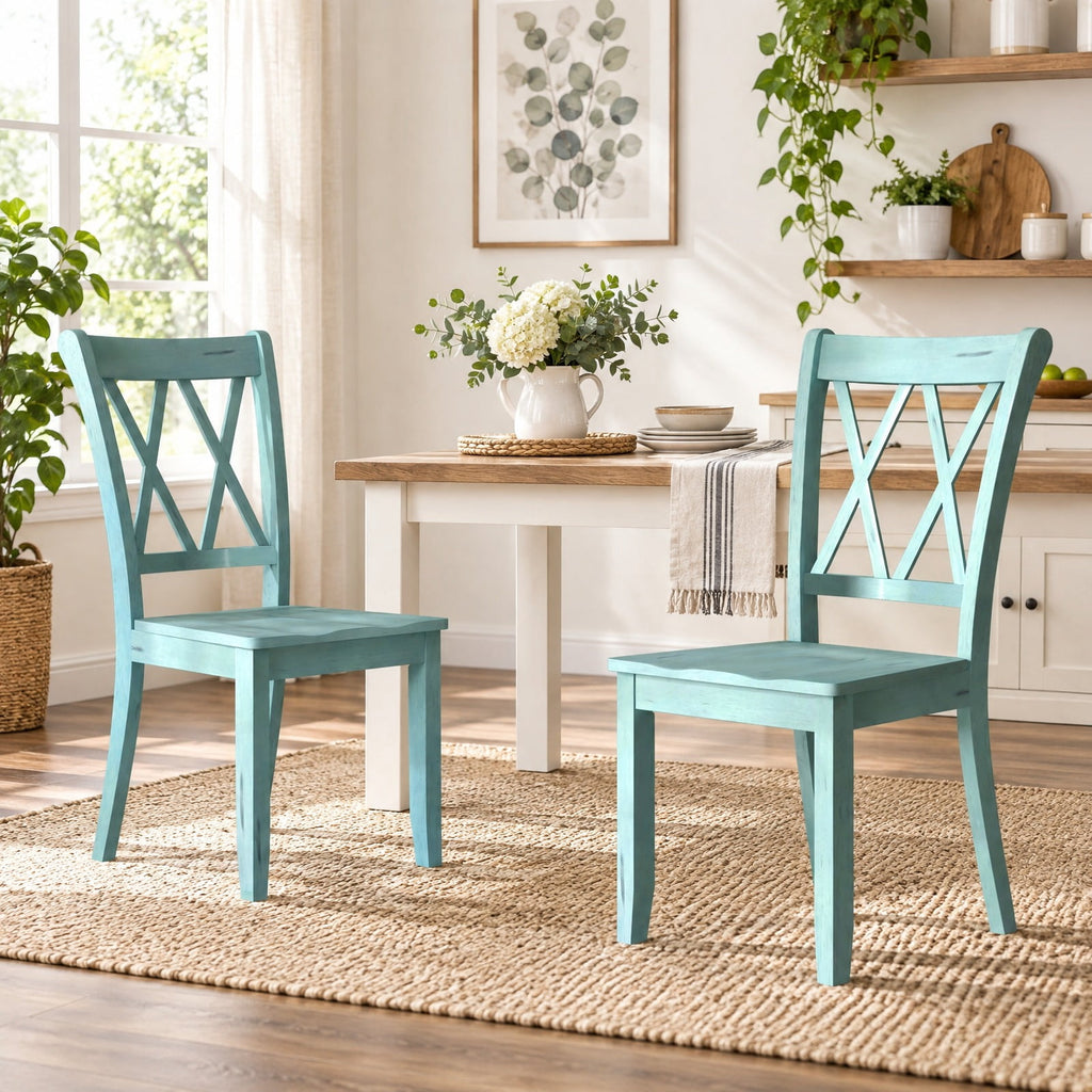 Airfind Set of 2 Cross Back Rubber Wood Dining Chairs, 300 lbs Capacity, Rubber Wood Frame, 20 x 23.5 x 39 Footprint, Green