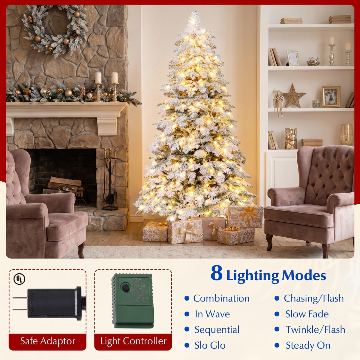 Airfind 6/7 Feet Artificial Snow-flocked Christmas Tree Pre-lit Hinged Xmas Tree with 130 Twinkle Balls-6 Feet, Green and White