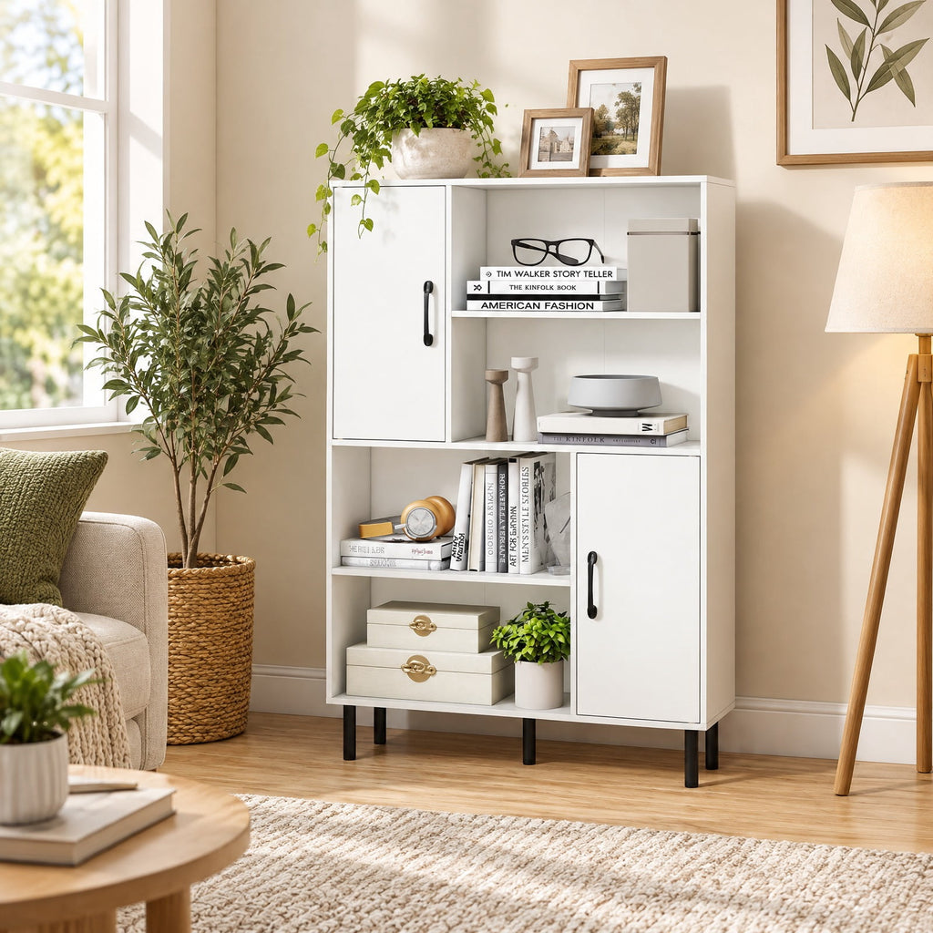 Airfind 47 Inch Storage Cabinet Freestanding Bookcase with 2 Doors and 4 Open Shelves, 176 lbs Capacity, Engineered Wood MDF Metal Frame, White