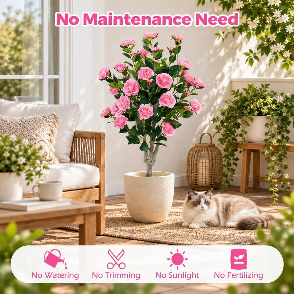 Airfind Set of 2 39.5 Artificial Camellia Tree with Orange Blossoms in Cement Pot for Decoration, Pink